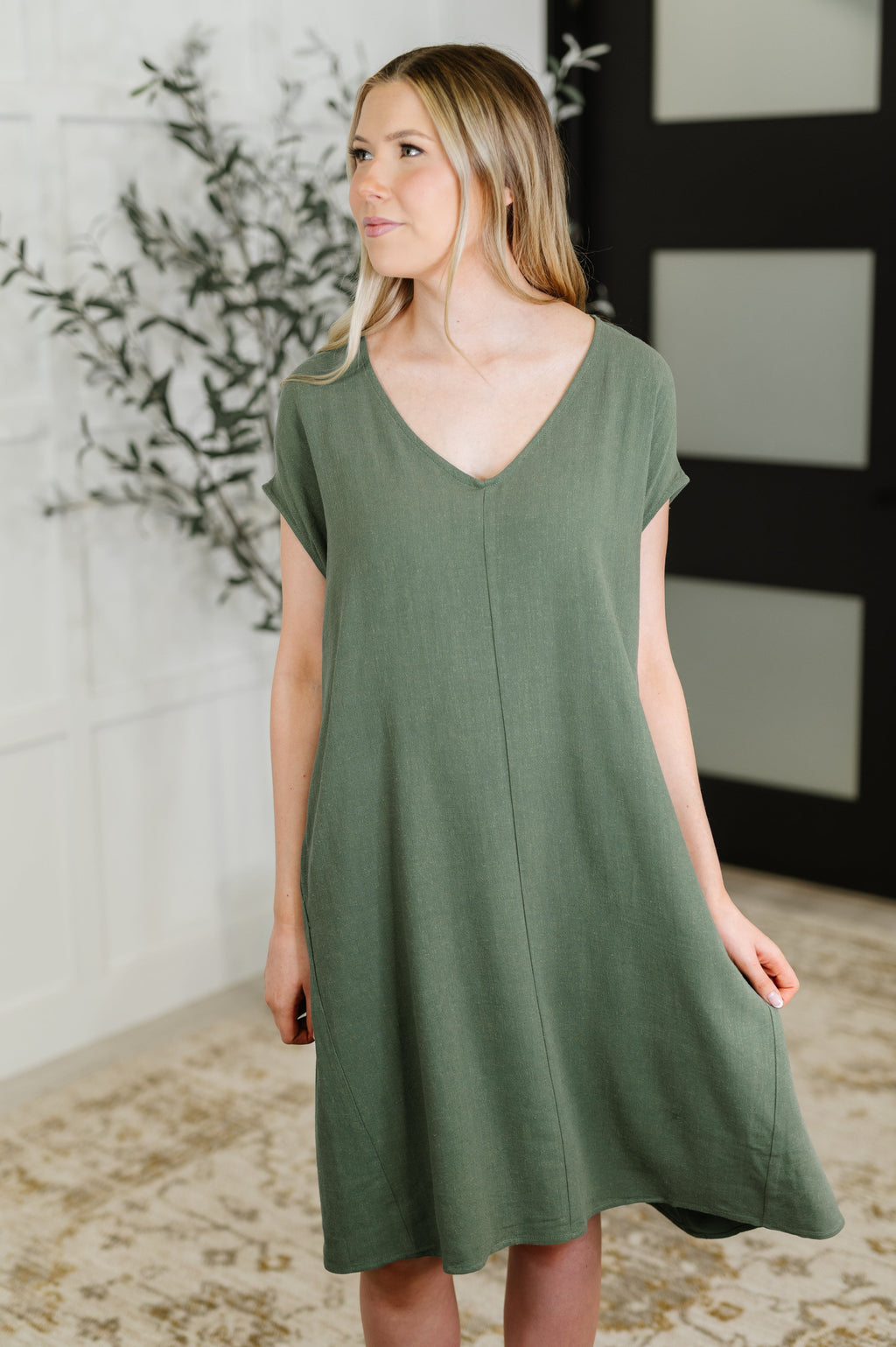 Barely Trying V-Neck Relaxed Dress in Gray Green
