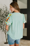 PREORDER: Embroidered Puff Sleeve V-Neck Blouse in Aqua
